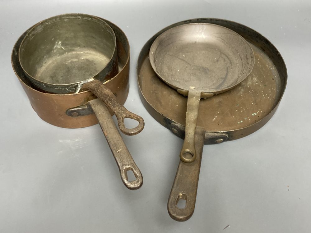 Two copper saucepans and two copper shallow pans, broadest 26cm